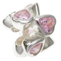 1x 925 Sterling Silver Pink CZ Heart Hearts Bead for European Charm Bracelets