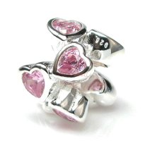 1x 925 Sterling Silver Pink CZ Heart Hearts Bead for European Charm Bracelets