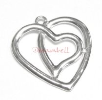 1x Sterling silver DOUBLE TILTED HEART Pendant dangle Charm 27.5mm