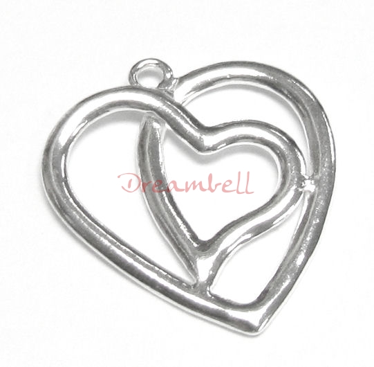 1x Sterling silver DOUBLE TILTED HEART Pendant dangle Charm 27.5mm