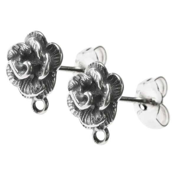 2x Sterling Silver Antique 8mm Rose Stud Earrings with Loop Post