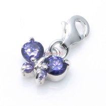 1x Sterling Silver Butterfly Round Purple CZ Crystal Dangle Bead Pendant for European Lobster Clip on Charm Bracelets
