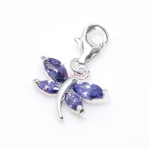 1x Sterling Silver Dragonfly Oval Purple CZ Crystal Dangle Charm Pendant for European Lobster Clip on Charm Bracelets