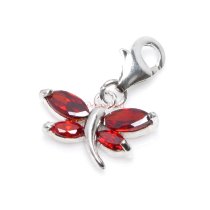 1x Sterling Silver Dragonfly Oval Red CZ Crystal Dangle Charm Pendant for European Lobster Clip on Charm Bracelets