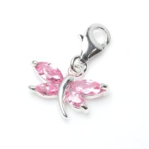 1x Sterling Silver Dragonfly Oval Light Rose Pink CZ Crystal Dangle Charm Pendant for European Lobster Clip on Charm Bracelets