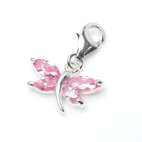 1x Sterling Silver Dragonfly Oval Light Rose Pink CZ Crystal Dangle Charm Pendant for European Lobster Clip on Charm Bracelets
