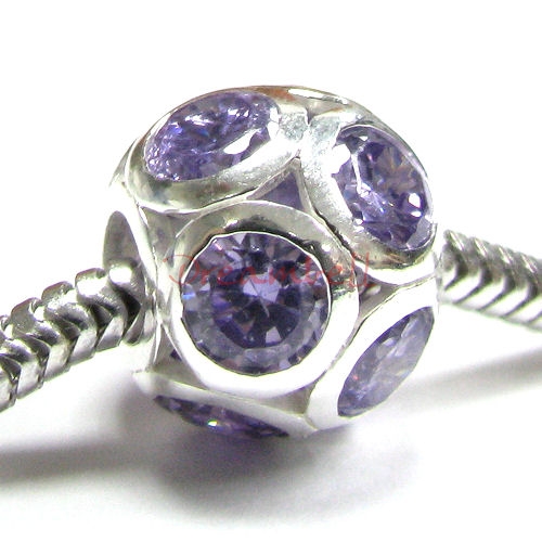 Sterling Silver BALL Bead Violet Crystal for European Charm Bracelets