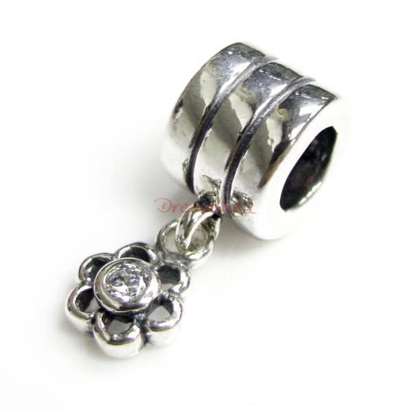 1 x Sterling Silver Flower CZ Pendant Dangle Bead for European Charm Bracelets