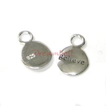 2x Bright Sterling silver LITTLE ROUND dangle Charm ″BELIEVE″ 10.4mm
