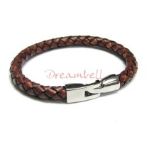 S. Steel Antique Brown Braided Bolo Leather Cord 6mm Wristband Bracelet 8"