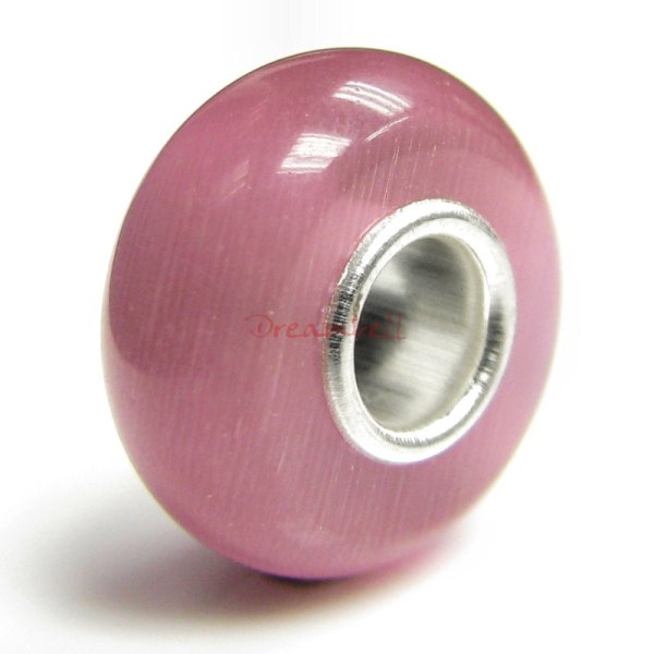Sterling Silver ROUND Rose Pink CAT EYE Bead for European Charm Bracelets
