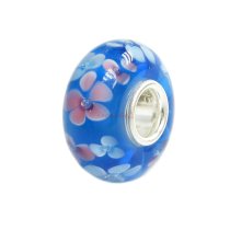 Sterling Silver Round Flower Murano Lt. Blue Glass Bead for European Charm Bracelets