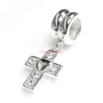 1x Sterling Silver Heart Cross CZ Dangle Bead for European Charm Bracelets