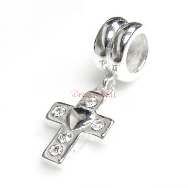 1x Sterling Silver Heart Cross CZ Dangle Bead for European Charm Bracelets