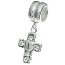 1x Sterling Silver Heart Cross CZ Dangle Bead for European Charm Bracelets