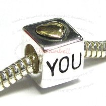 14K Gold Plated Sterling Silver HEART LOVE YOU Cube enamel Bead for European Charm Bracelets