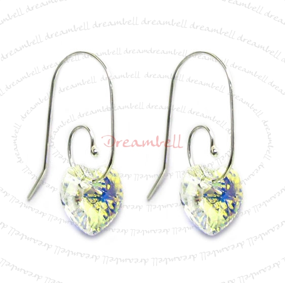 2x Sterling Silver Heart Clear AB Crystal Earring w/ Swirl Earwire Ear Wire Using Swarovski Elements Crystal