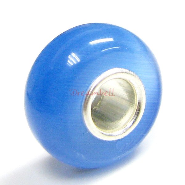 Sterling Silver ROUND Light Sapphire Blue CAT EYE Bead for European Charm Bracelets