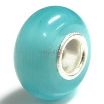Sterling Silver ROUND Light Blue AQUAMARINE CAT EYE Bead for European Charm Bracelets
