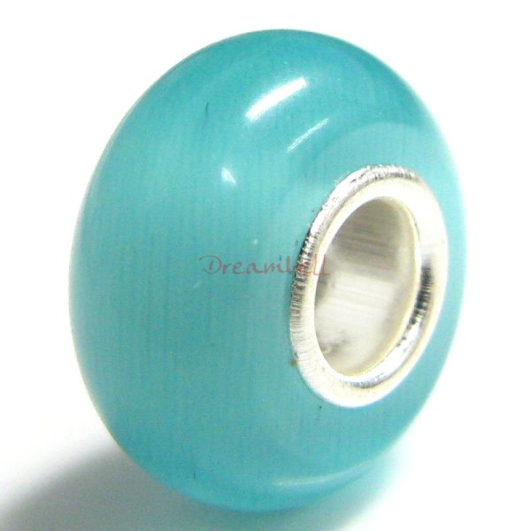 Sterling Silver ROUND Light Blue AQUAMARINE CAT EYE Bead for European Charm Bracelets