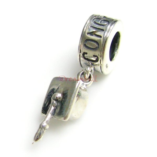 Sterling silver Congratulation Graduation grad cap Dangle Bead for European Charm Bracelets