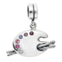 Sterling Silver Painting Palette Board Brush CZ Bead for European Charm Bracelets
