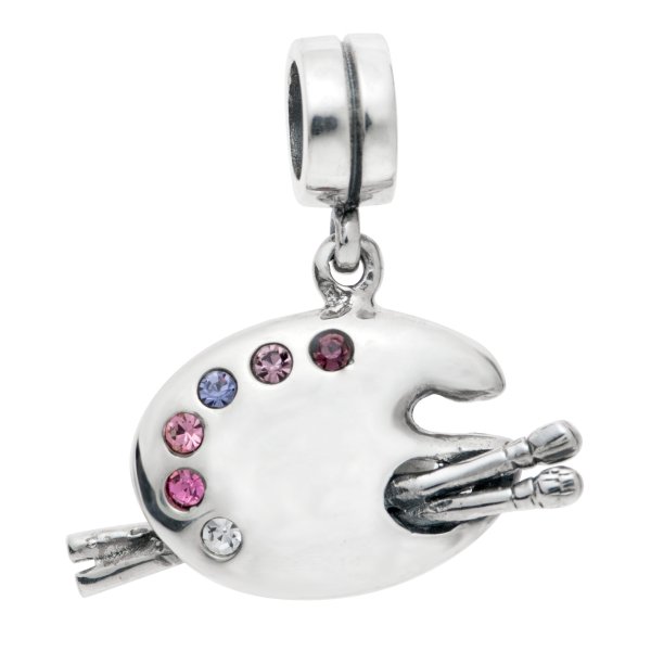 Sterling Silver Painting Palette Board Brush CZ Bead for European Charm Bracelets