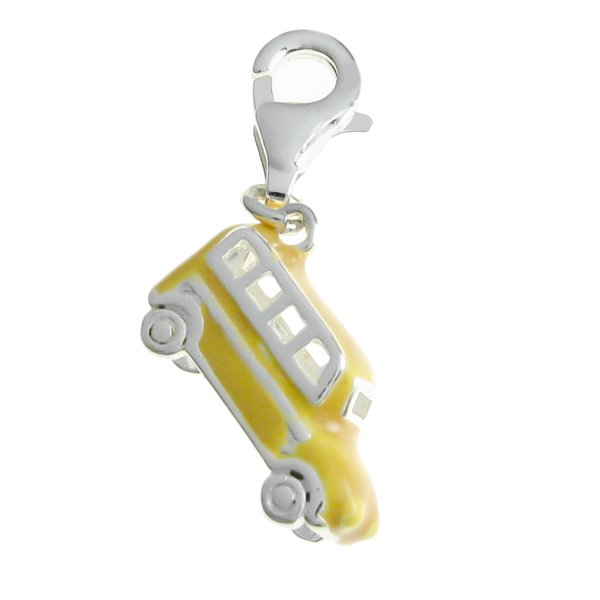 STERLING SILVER Yellow Bus Coach Enamel Dangle European Clip on Charm w/ Lobster