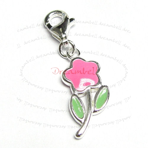 STERLING SILVER Flower Enamel Dangle CHARM Pendant for European Style Clip on Charm