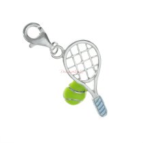 STERLING SILVER Tennis Racket and Ball Enamel Dangle CHARM Pendant for European Style Clip on Charm