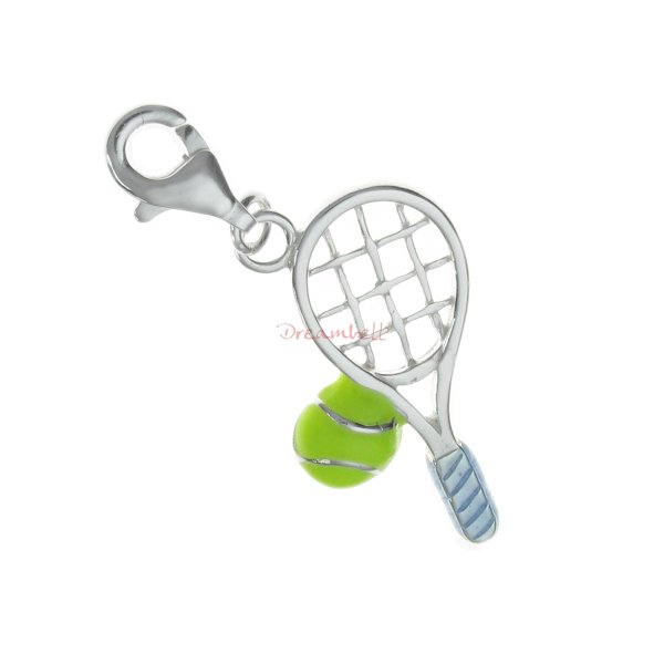 STERLING SILVER Tennis Racket and Ball Enamel Dangle CHARM Pendant for European Style Clip on Charm