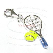 STERLING SILVER Tennis Racket and Ball Enamel Dangle CHARM Pendant for European Style Clip on Charm