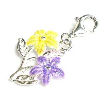 STERLING SILVER Flower and Leaves Enamel Dangle CHARM Pendant for European Style Clip on Charm