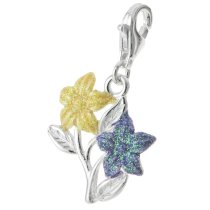 STERLING SILVER Flower and Leaves Enamel Dangle CHARM Pendant for European Style Clip on Charm