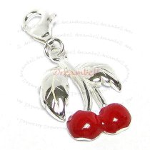 STERLING SILVER Cherry fruit Enamel Dangle CHARM Pendant for European Style Clip on Charm