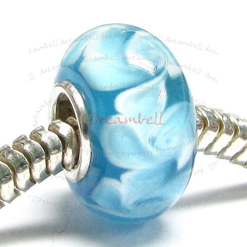 Sterling Silver Blue Murano FLOWER Glass Bead for European Charm Bracelets