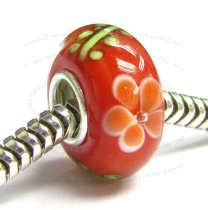 Sterling Silver ROUND Murano Flower Red Glass Bead for European Charm Bracelets