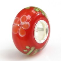 Sterling Silver ROUND Murano Flower Red Glass Bead for European Charm Bracelets