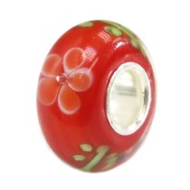 Sterling Silver ROUND Murano Flower Red Glass Bead for European Charm Bracelets