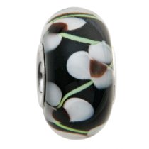 Sterling Silver ROUND Flower Black Murano Glass Bead for European Charm Bracelets