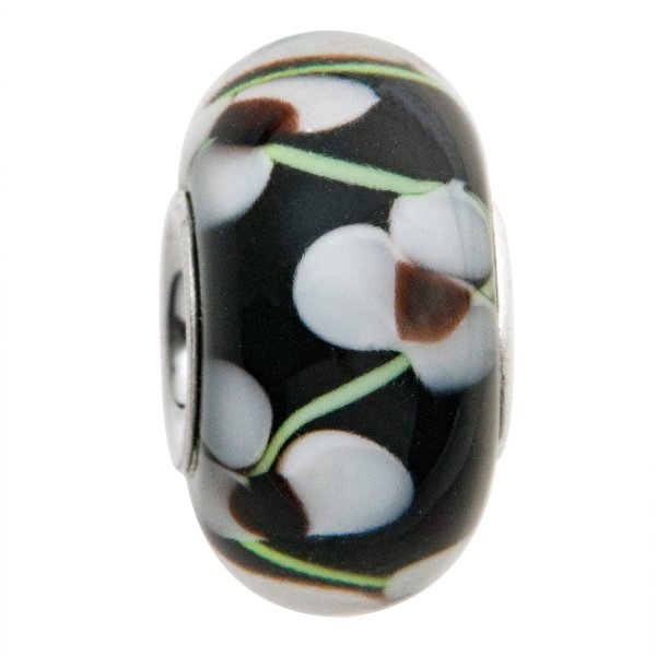 Sterling Silver ROUND Flower Black Murano Glass Bead for European Charm Bracelets