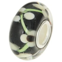Sterling Silver ROUND Flower Black Murano Glass Bead for European Charm Bracelets