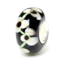 Sterling Silver ROUND Flower Black Murano Glass Bead for European Charm Bracelets
