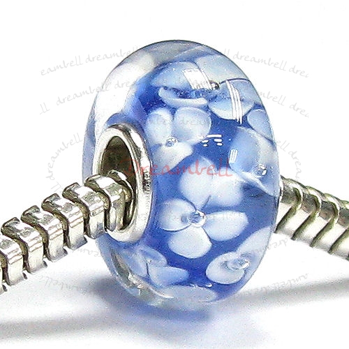 Sterling Silver Blue Murano Hawaii Flower Glass Bead for European Charm Bracelets