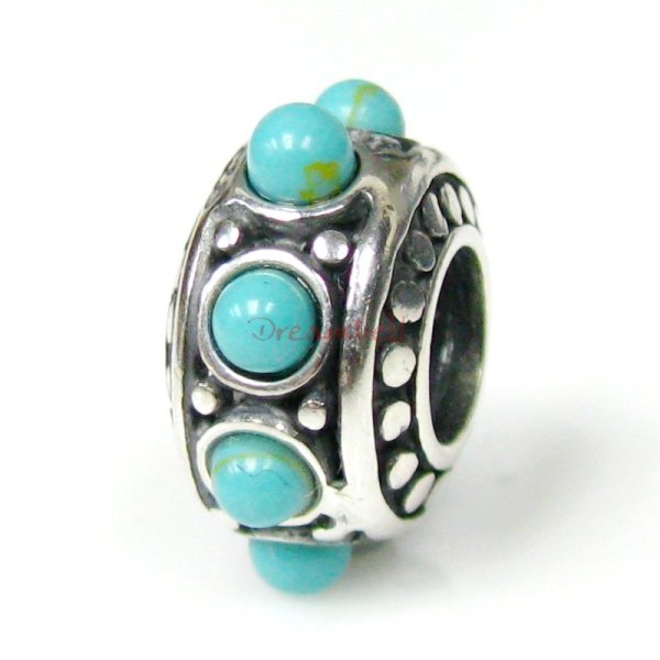 Sterling silver ROUND Bead Turquoise DOT stone for European Charm Bracelets