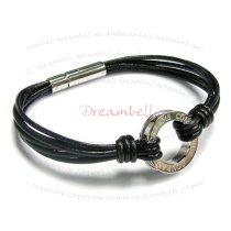 Stainless Steel Dream Come True Black Leather Cord 2mm Circular Clasp Wristband Bracelets 8″