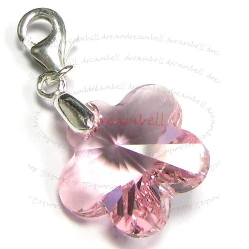 STERLING SILVER Swarovski Crystal Pink Rose Flower Pendant Bead for European Clip on Charm w/ Loster Clasp