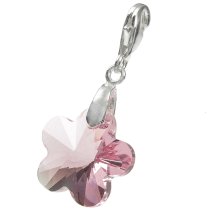 STERLING SILVER Swarovski Crystal Pink Rose Flower Pendant Bead for European Clip on Charm w/ Loster Clasp