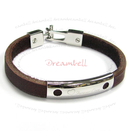 Stainless Steel Forever Love Dark Brown Flat Leather Cord 7.5mm Wristband Bracelet 7.9"