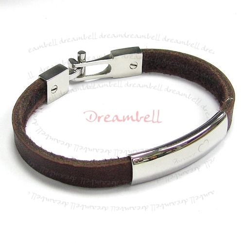 Stainless Steel Forever Love Brown Flat Leather Cord 8mm Wristband Bracelet 7.8"